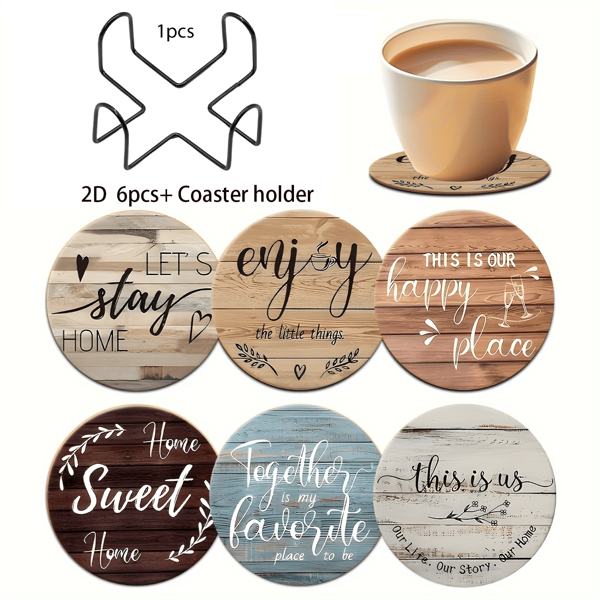 6pcs Farmhouse Coasters Set With Black Holders, Inspirational Quotes, Wooden Material, Handwash, Suitable For Home, Living Room, Study, Kitchen Decor, Perfect Gift For Coffee Lovers & Housewarming - Applicable For Christmas, Thanksgiving, Birthday