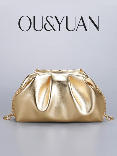 New Golden Pleated Cloud Clutch Bag For Woman, Niche Design Versatile Dinner Bag, Chain Shoulder Messenger Bag, Simple Solid Color Wallet, Suitable For Parties, Dinners, Weddings, Dating, Shopping.