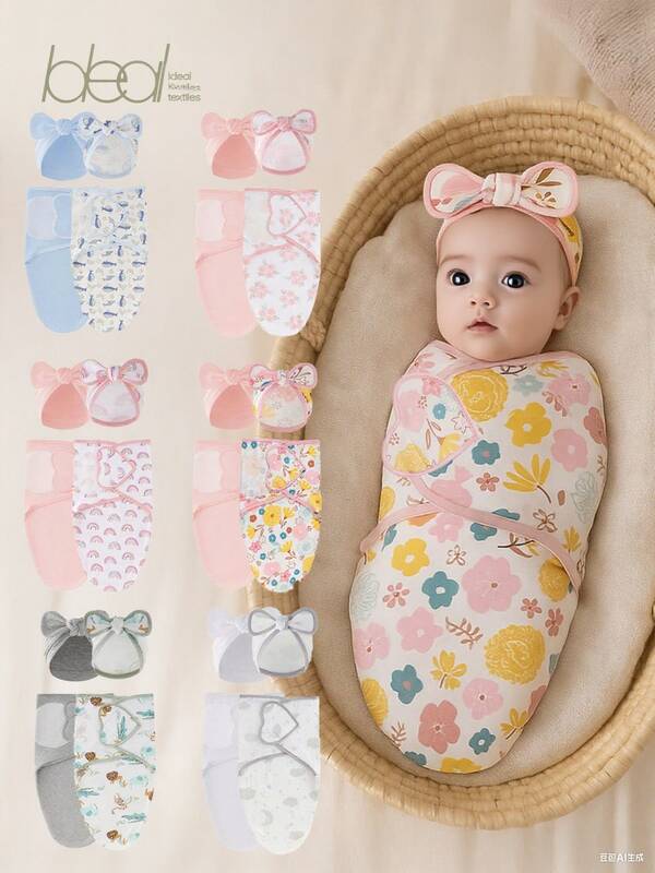 4PCS Delivery Room Baby Sleep Sack, Swaddle Blanket, Newborn Anti-Shock And Jump Wrap, Baby Bionic Sleeping Bag, Baby All-Season Universal Blanket, Super Soft And Comfortable, Baby Sleep Sack, Cozy Pixies Baby, Baby Stuff, Bowknot Hat, Perfect Gift For Your Baby's Welcome Party.