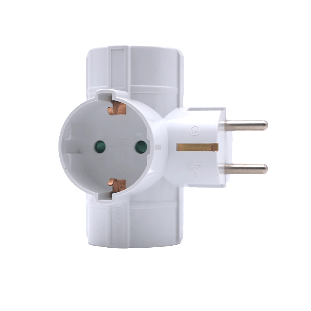 DISTRIBUX Enchufe Triple Schuko Blanco – Adaptador Ladrón 3 Tomas, 16A 250V, Máx. 3680W  ✅ Entrega de 1-3 días