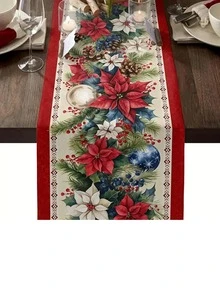 1 pieza Camino de mesa de lino rojo navideño - Decoración festiva de poinsettia de invierno para comedor y cocina durante las fiestas (33 x 90/120/160/183/200 cm)