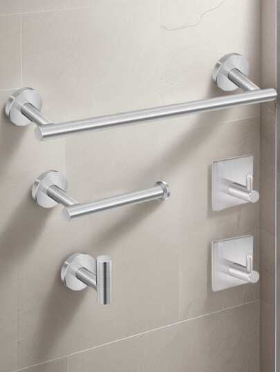 浴室收纳套装 5 件套不锈钢浴室配件套装 - 包括毛巾杆、卷纸架和浴袍挂钩 - 无需钻孔，安装简便 - 非常适合家居装饰和收纳，浴室整理 | 现代浴室套装 | 耐用浴室配件