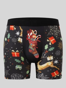 2pcs Men's Christmas Cartoon Socks Gift Print Boxer Briefs, Funny Cute Men's Boxer Shorts, Casual Home Men's Shorts, Sexy Men's Boxer Briefs