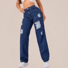Calça Wide Leg Jeans Feminina Destroyed Tecido Premium Reforçado Cintura Alta Rasgada - Wide Leg Destroyed Escura - Visão 4