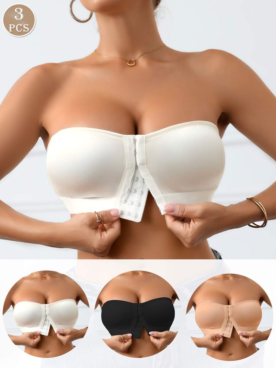 3PCS Women's Multi-Row Button Front-Fastening Strapless Bodysuit, Open-Front Lingerie, Comfortable Wireless, Plain And Simple Seamless Bra Lingerie - Multicolor - View 1