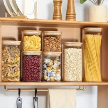 2/4/6/8 potes quadrados de vidro herméticos, organizadores de cozinha com tampas de bambu, recipientes de armazenamento de vidro, conjunto combinado de vários tamanhos, recipiente de café, adequado para temperos de cozinha, café, grãos, doces, biscoitos, massas, decoração de mesa de cozinha doméstica, empilhável, ideal para presentes de feriado e casamento