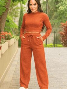 Lanzinha Set, Wide Leg Pants And Cropped Winter Basic Comfortable - 橘色 - 查看 1