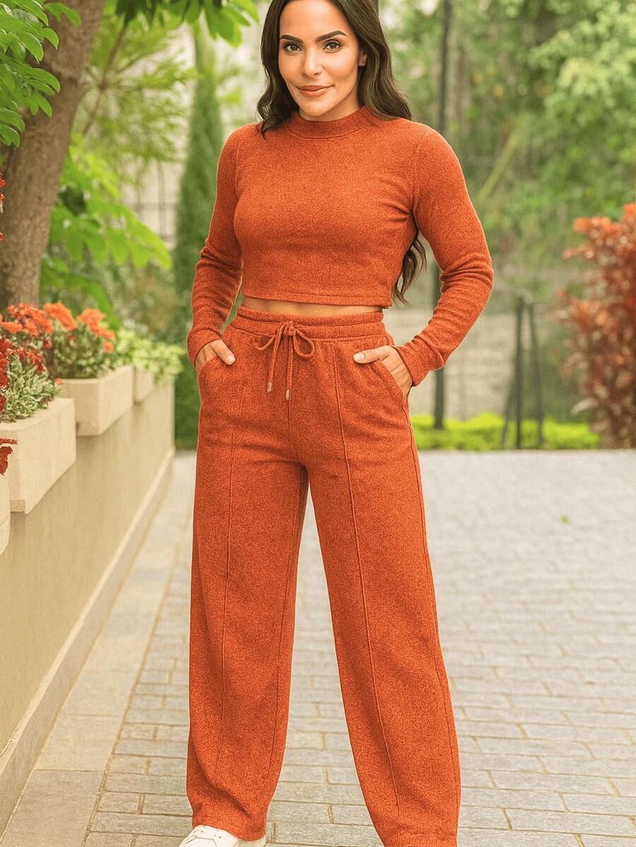 Lanzinha Set, Wide Leg Pants And Cropped Winter Basic Comfortable - 橘色 - 查看 1