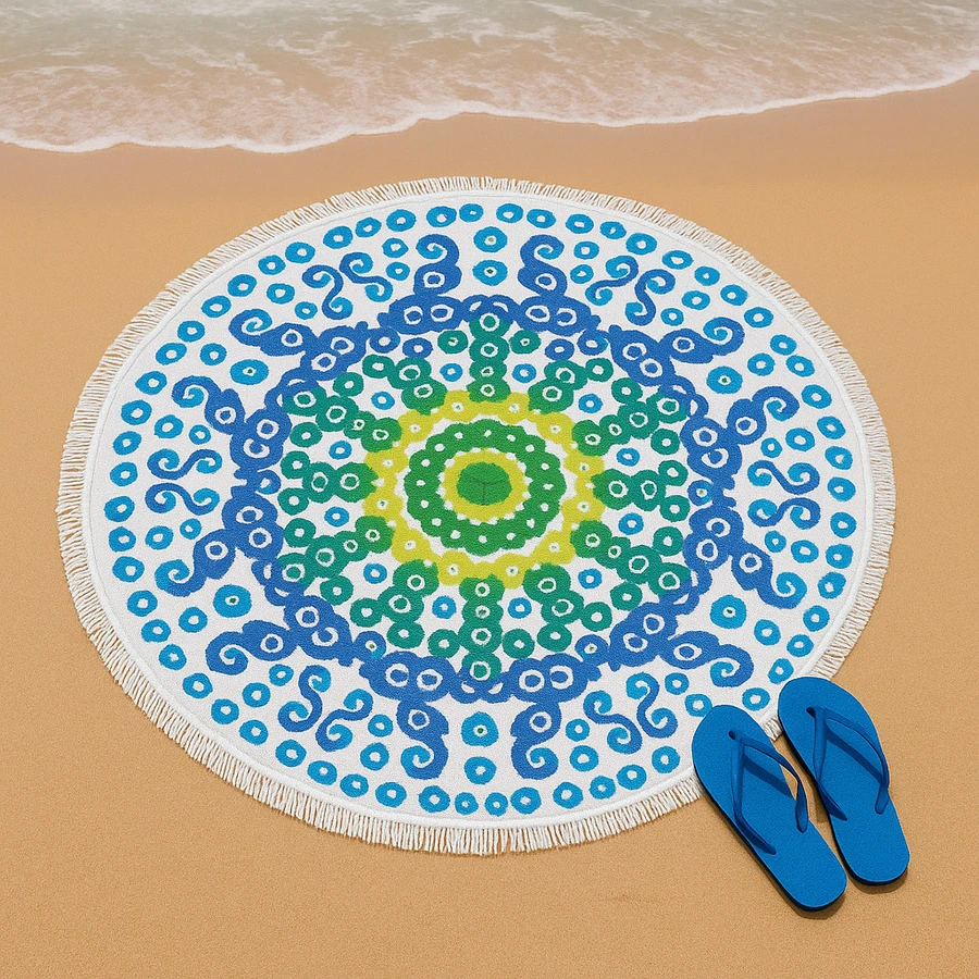 Round Beach Towel 150x150 Cm – Boho Style, 70% Cotton 30% Polyester, Quick-Dry, Multi-Purpose | Made In Turkey - Lime Green - View 1
