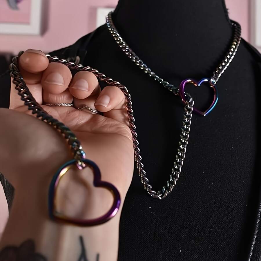1 pieza Collar de metal gótico punk retro con colgante de corazón de colores, adecuado para Halloween, fiesta con tema navideño, collar unisex ajustable para parejas
