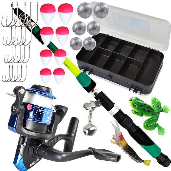 KIT PESCA PESQUEIRO COMPLETO 1 VARAS 1 MOLINETES ESTOJO COM ANZOL BOIA CHUMBADA ISCA MOLA E SINO