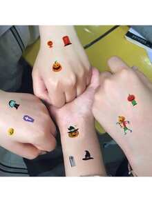 10 szt. Wodoodpornych tymczasowych naklejek z tatuażami, trwałych Halloweenowych motywów kreskówkowych dyni i wzorów na twarz, ramię, plecy, nogi Body Art