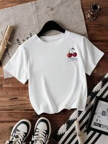 Camiseta de mujer con letras de cereza, de manga corta y cuello redondo, estilo casual y minimalista, verano - Blanco 2 - Ver 3