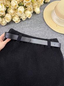 女士优雅休闲针织 A 字裙，百搭针织混纺裙，带口袋，适合商务、休闲等所有场合，秋冬 - 黑色 - 查看 7