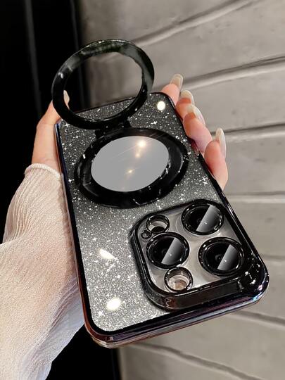Luxury Electroplated Black Phone Case With Cycle Ring Magnetic Stand Holder, Built-In Makeup Mirror, Rhinestone Glitter Sparkle Y2k Style, Summer New Fashion Silicone Shockproof Protective Soft Cover Compatible With IPhone 16 16e 15 14 13 12 11 X XS XR 8 7 Plus Pro Max Mini, Samgsung Galaxy S24 S25 Ultra, Compatible With Xiaomi Redmi, Compatible With Huawei Honor OPPO Reno MOTO Infinix Women 2025