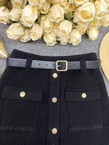 女士优雅休闲针织 A 字裙，百搭针织混纺裙，带口袋，适合商务、休闲等所有场合，秋冬 - 黑色 - 查看 6