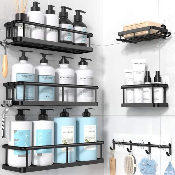 6-Piece Metal Bathroom Organizer Set - Wall-Mounted Space-Saving Storage Shelves, Modern Black