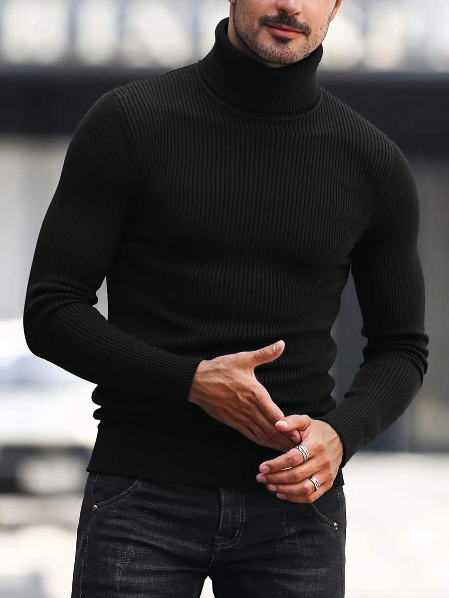 Men's Solid Color Casual Ribbed Turtleneck Long Sleeve Sweater, Fall Winter - Black - View 1