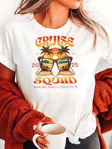 Camiseta informal de vacaciones para mujer con estampado gráfico de 2025. Camiseta de mezcla de algodón suave, perfecta para las vacaciones de verano. Cómoda camiseta de manga corta en talla extragrande. - Blanco - Ver 2