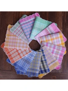 5条条纹手帕，涤纶编织手帕，浅色经典男女手帕，新月边格子花卉图案女士礼品手帕，复古吸水方巾 - 彩色 - 查看 9