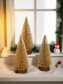2棵圣诞金色闪光迷你松树，两棵人造雪树，带木质底座，节日桌面装饰，理想的圣诞节中心摆件，完美的节日家居装饰和派对装饰品，圣诞节的绝佳礼物之选，圣诞装饰，房间装饰，冬季圣诞装饰，家居圣诞礼物，圣诞装饰 - 彩色 - 查看 3
