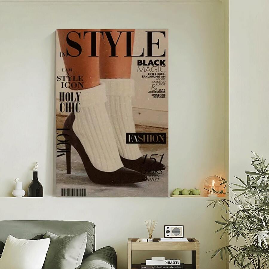 Framed 1pc  Vintage 70s Style Fashion Magazine Canvas Art Print, Chic High Heel Poster, Art Deco Classic Retro Letter Print Wall Hanging Decor, Ink Artwork For Indoor Decor, Kitchen, Home Office, Living Room, Bedroom - Ideal  Gift - Framed(Framed(框架)) - 查看 1