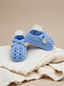 1 Pair Handmade Crochet Infant Shoes, Light Purple Color With Button Decor, Infant Size - Baby Blue - View 6