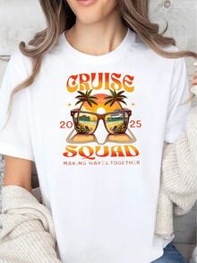 Camiseta informal de vacaciones para mujer con estampado gráfico de 2025. Camiseta de mezcla de algodón suave, perfecta para las vacaciones de verano. Cómoda camiseta de manga corta en talla extragrande. - Blanco - Ver 1