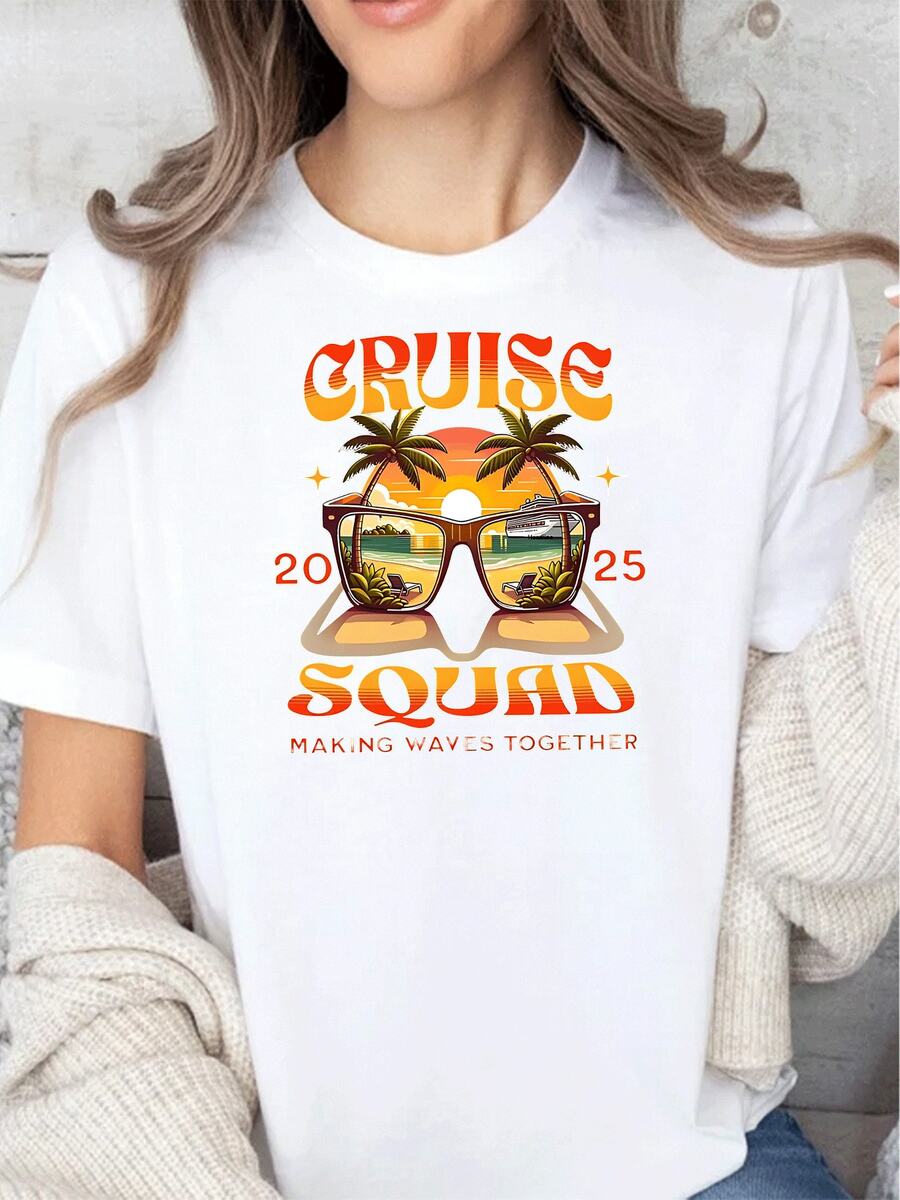 Camiseta informal de vacaciones para mujer con estampado gráfico de 2025. Camiseta de mezcla de algodón suave, perfecta para las vacaciones de verano. Cómoda camiseta de manga corta en talla extragrande. - Blanco - Ver 1