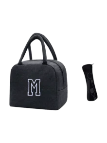 1个保温午餐包，手提包，午餐盒，冰袋，野餐食品手提袋，刺绣字母图案午餐盒，帆布轻便便携午餐手提袋，学校/办公室野餐午餐手提包（午餐包，学校旅行午餐盒，防水午餐包） - 黑色 - 查看 14