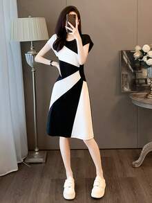 Vestido francés verano nuevo temperamento cintura delgada senior blanco y negro empalme falda casual - Negro - Ver 5