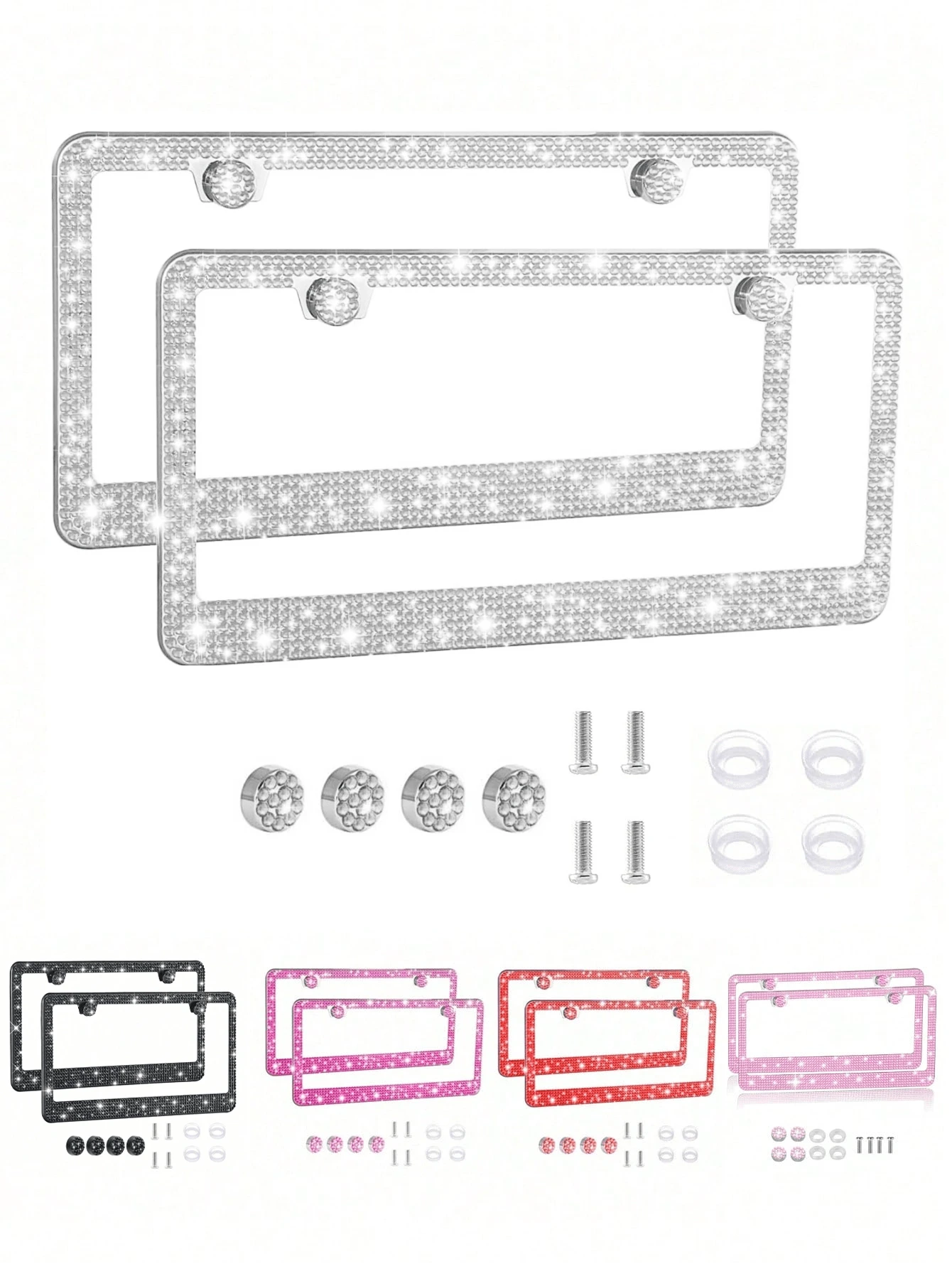 1PCS/2PCS Bling Rhinestone License Plate Frame – Lasting Sparkle With Multifaceted Diamonds | Stainless Steel Construction, Obstruction-Free Design | Includes Glittery Crystal Screw Caps For Full Bling Look | Unisex Car Accessory For Women & Men, Durable & Stylish License Plate Holder - Kiểu A - Xem 1