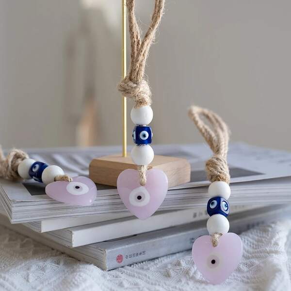 Heart-Shaped Blue Eye Pendant - Turkish Evil Eye Wall Hanging | Handmade Macrame Decoration | Unique Wall Art | Available In Multiple Colors | Lucky Eye Glass Bead For Living Room, Car, And Gift