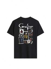 Camiseta de manga corta con cuello redondo y estampado de dibujos animados casual para mujer - Negro - Ver 3