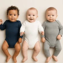 Kit 3Peças Body Manga Longa Bebê Menino e Meninas cores Sólidas Canelado Primavera Toque Leve - Multicolorido - Visão 2