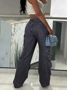Y2K Streetwear Multi-Pocket Zipper Decor Wide Leg Jeans, Large Pockets Design, Casual Cargo Washed Denim Pants - Smoke Black - View 3