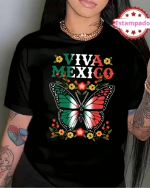 Camiseta de mujer cuello redondo manga corta estampado, mariposa patriota VIVA México fiesta patria , blusas playeras gráficas para mujer - Negro - Ver 2