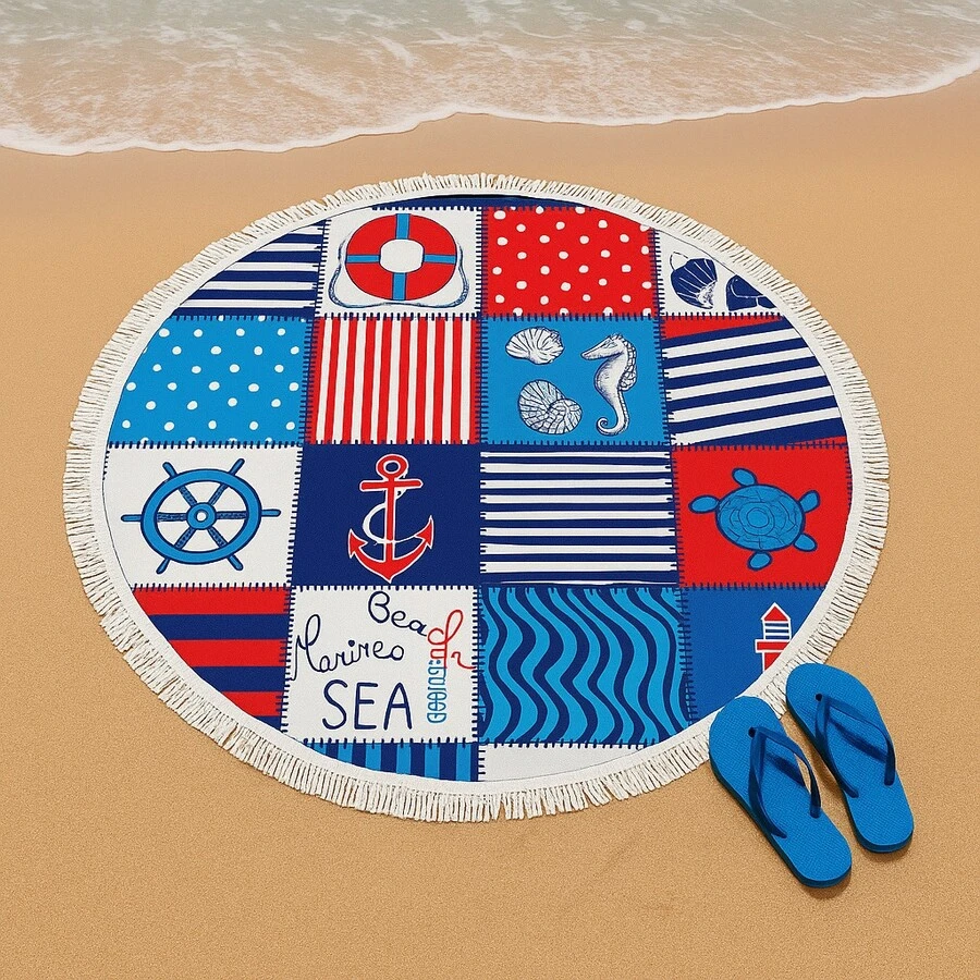 Round Beach Towel 150x150 Cm – Boho Style, 70% Cotton 30% Polyester, Quick-Dry, Multi-Purpose | Made In Turkey - Teal Blue - View 1