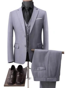 3-Piece Solid Color Men's Suit Set, Regular Fit, With Pockets And Buttons, Suitable For Going Out On Dates, Anniversary Photoshoots, Formal Occasions, Dinners, And Daily Wear, (Applicable For) Valentine's Day - 灰色 - 查看 2