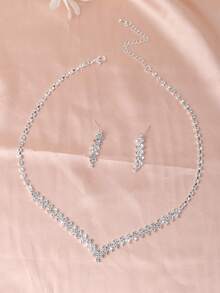 1pc Necklace + 1pair Earrings Fashionable Luxurious Rhinestone Inlaid Necklace & Earrings Set, Suitable For Brides At Wedding, Banquet, Party
