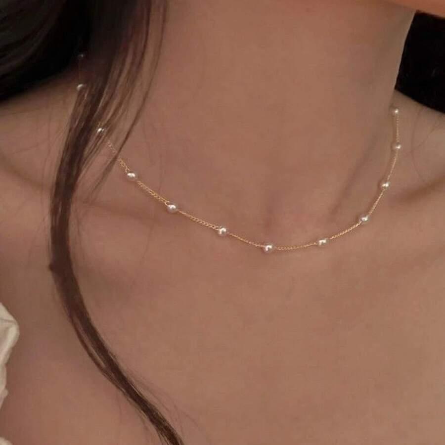 1pc Faux Pearl Necklace, Suitable For Daily Wear, Weddings, Events, Parties, Perfect As Gift For Friends - 金色 - 查看 1