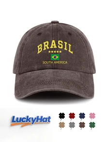 1 件 BRASIL 印花水洗棒球帽，男女皆宜，经典休闲时尚复古柔软吸汗带可调节尺寸轻便百搭复古老爹帽，适合户外运动日常穿着派对度假海滩度假，是送给家人和朋友的完美礼物