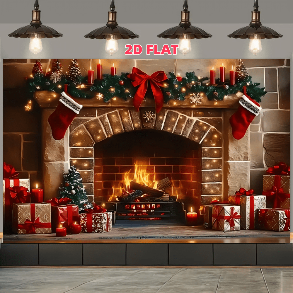 1 Piece, Warm Christmas Backdrop Banner, Polyester Fabric, Background Fireplace Scene And Stone Mantel, Ideal For Home Decoration, Christmas Parties, Holiday Photo Shoots, Street Displays, Merry Christmas Entryway Decorations, Holiday Parties, Wall Decoration Backdrops, Gardens, Patios, Indoor/Outdoor Curtain Decorations, Outdoor Events, Anniversaries, Theme Parties, General Celebrations
