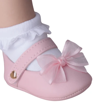 Sapatilha bebê Rosa com laço em voal super macio uso formal e diário