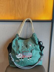 New Women's Tote Bag With Embroidered Animal Pattern, Large Capacity, Lightweight, Foldable Shopping Bag, Suitable For Commuting, Casual, Holidays, Parties, Surprise Gift, Large Capacity Tote Bag, Commuter Bag, Women's Handbag