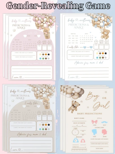 20pcs French Predictive Baby Bear - Fun Gender Reveal Game With Questions - Pastry Design With Bear & Cub - French Card With Signature Space - Precious Keepsake For Expecting Parents