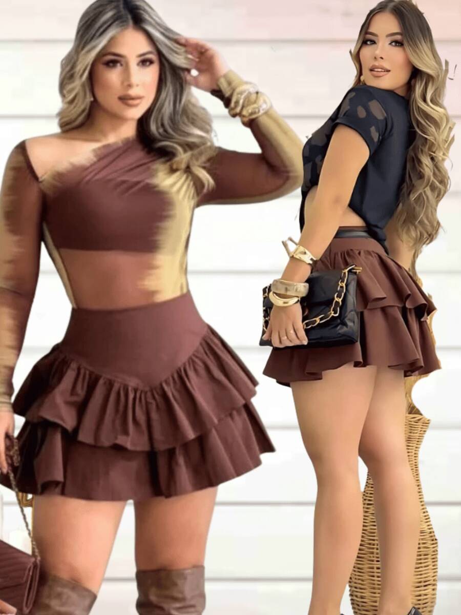 Women's Short Skirt Shorts With Layered Ruffles Suplex Fits Very Well - 鏽棕色 - 查看 1