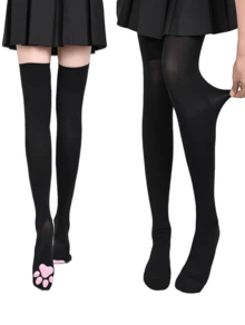 1/2 Pair Cat Paw Thigh High Socks 3D Toe Bean Stockings Cosplay Socks For Women Performance Party Wear - Đen + Trắng - Xem 4