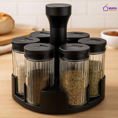 Porta Tempero Condimento Giratório com 6 Potes de Vidro 85ml com Tampa Dosadora Para Cozinha