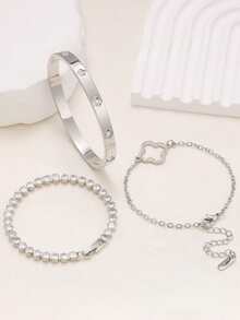 Conjunto de pulseras de mujer con trébol de cuatro hojas con incrustaciones de circonita, estilo europeo y americano a la moda, adecuado para múltiples ocasiones, se puede apilar, también adecuado como regalo para amigas y novias